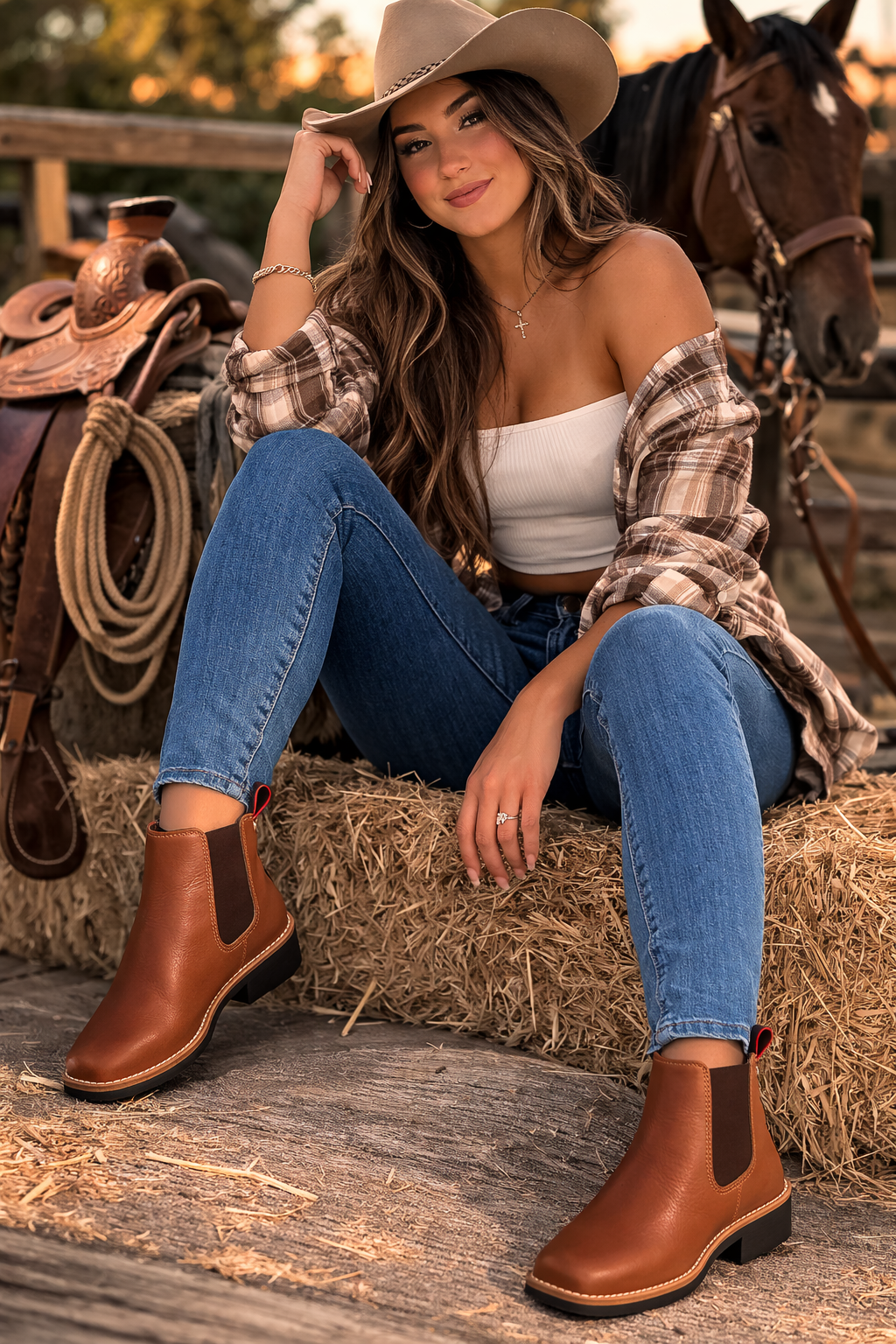 Botín Vaquero de Piel para Mujer – Punta Chata – Color Café
