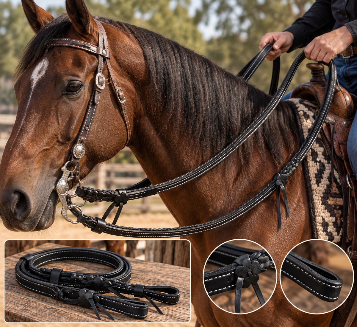 Rienda Texana de Piel para Caballo Color Negro