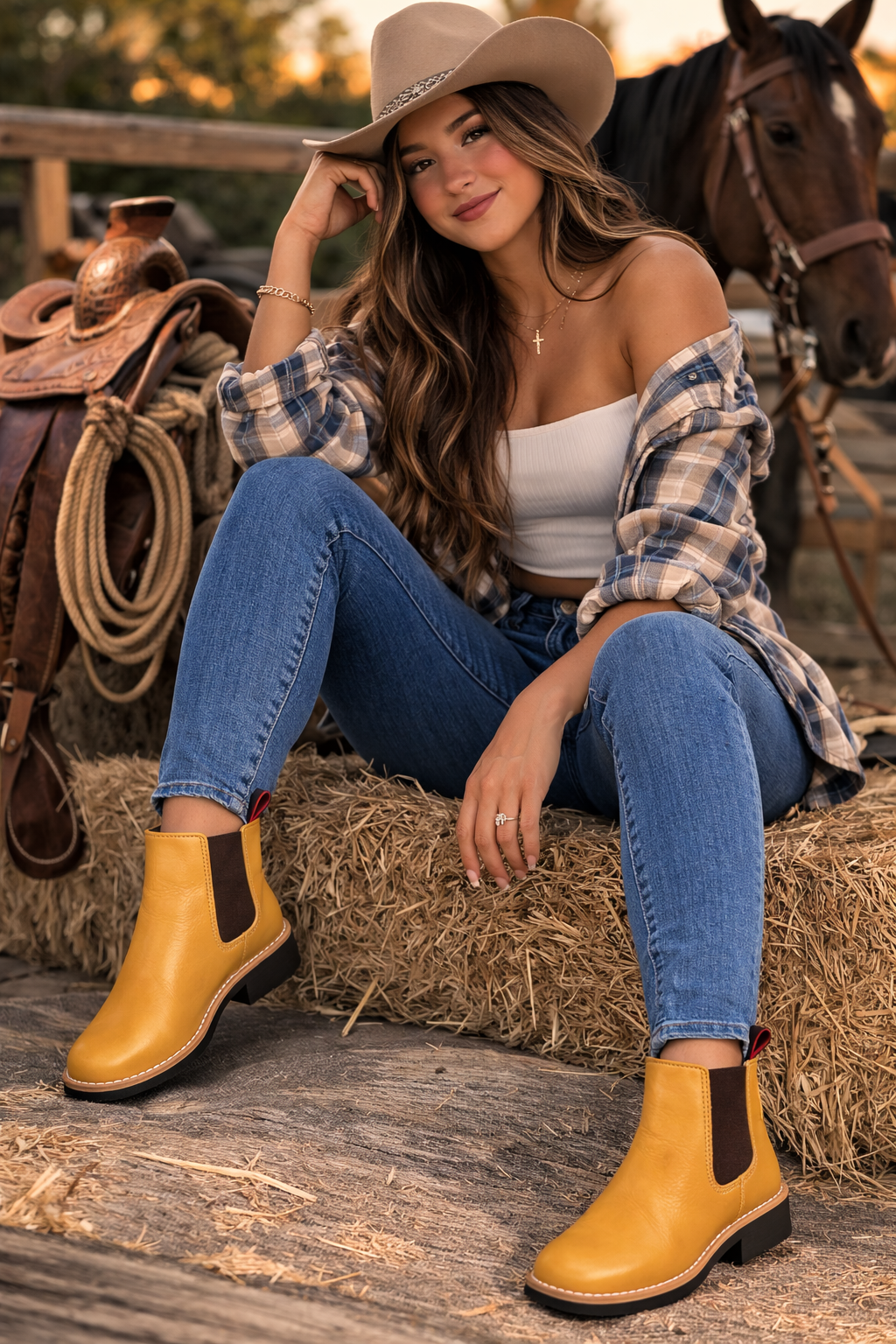 Botín Vaquero de Piel para Mujer – Color Mostaza – Estilo Casual Western