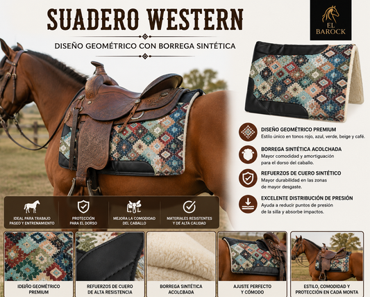 Suadero Western para Caballo con Borrega Sintética – Diseño Tribal Negro, Café y Rojo