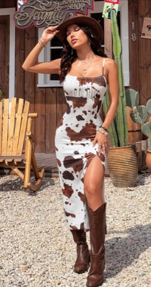 Vestido Vaquero Estampado de Piel de Vaca con Abertura Lateral