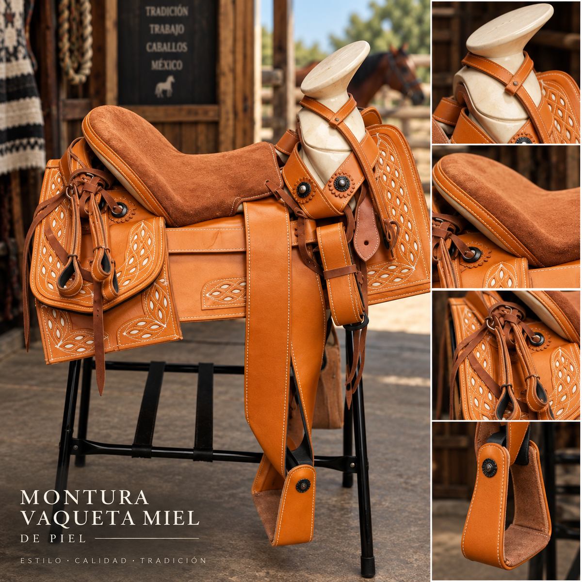 Montura Vaquera de Piel Vaqueta Color Miel para Caballo