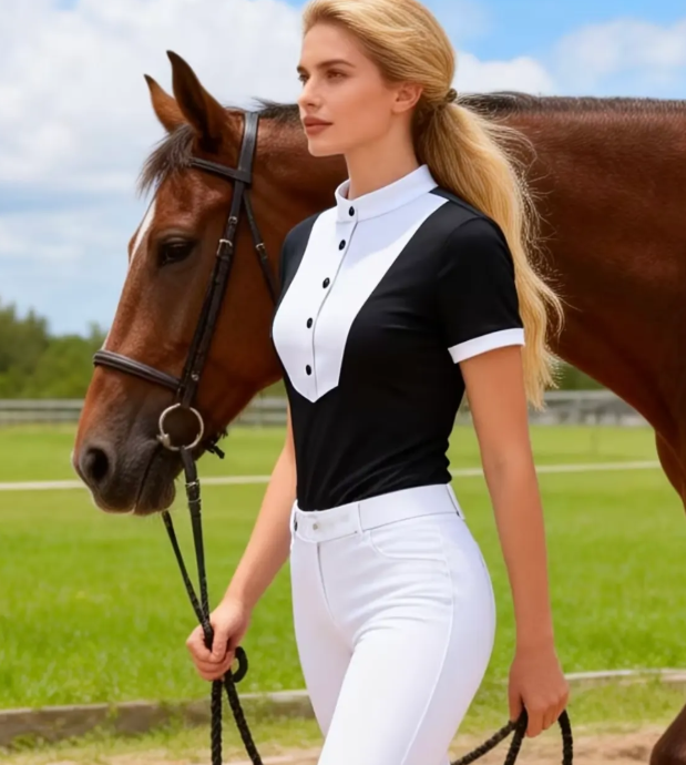 Camisa de Concurso Ecuestre Mujer Manga Corta Slim Fit Premium