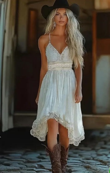 Vestido Blanco Boho Vaquero para Mujer – Estilo Western