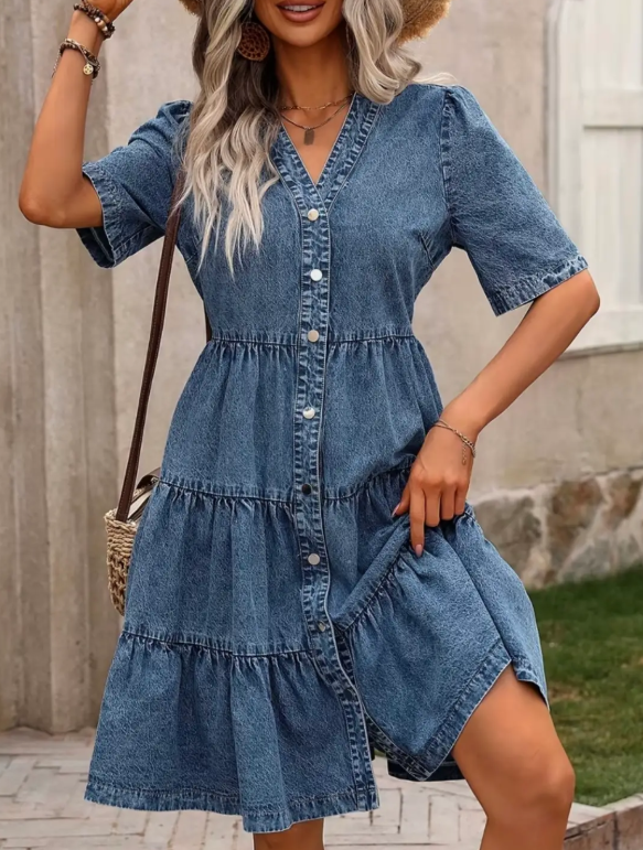 Vestido Denim Boho Mujer | Corte A Línea | Botones Frontales | Casual Verano