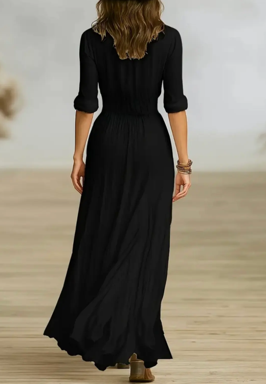 Vestido Largo Vaquero Negro con Botones Frontales y Abertura | El Barock Boutique